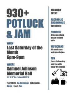 Flyer for 9:30 Plus Potluck & Jam