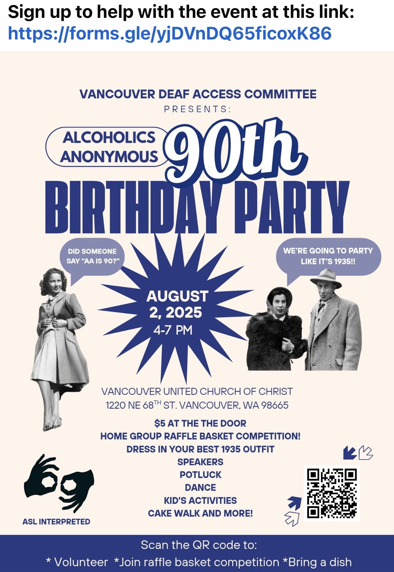 90thbdpartyVDAC Flyer for Vancouver Deaf Access Committee AA 90th birthday celebration