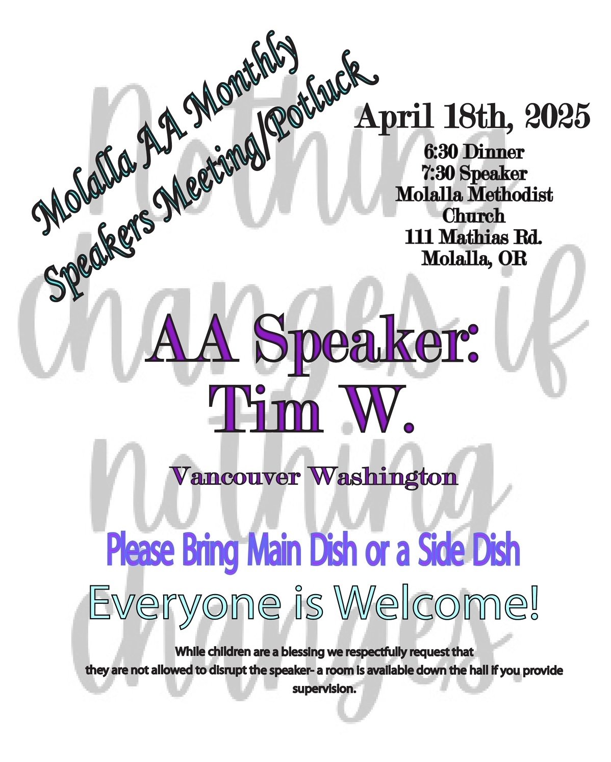 Molalla Monthly Speaker & Potluck flyer for April 2025