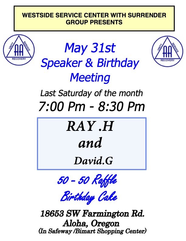 May 31 West Side Speaker Meeting flyer