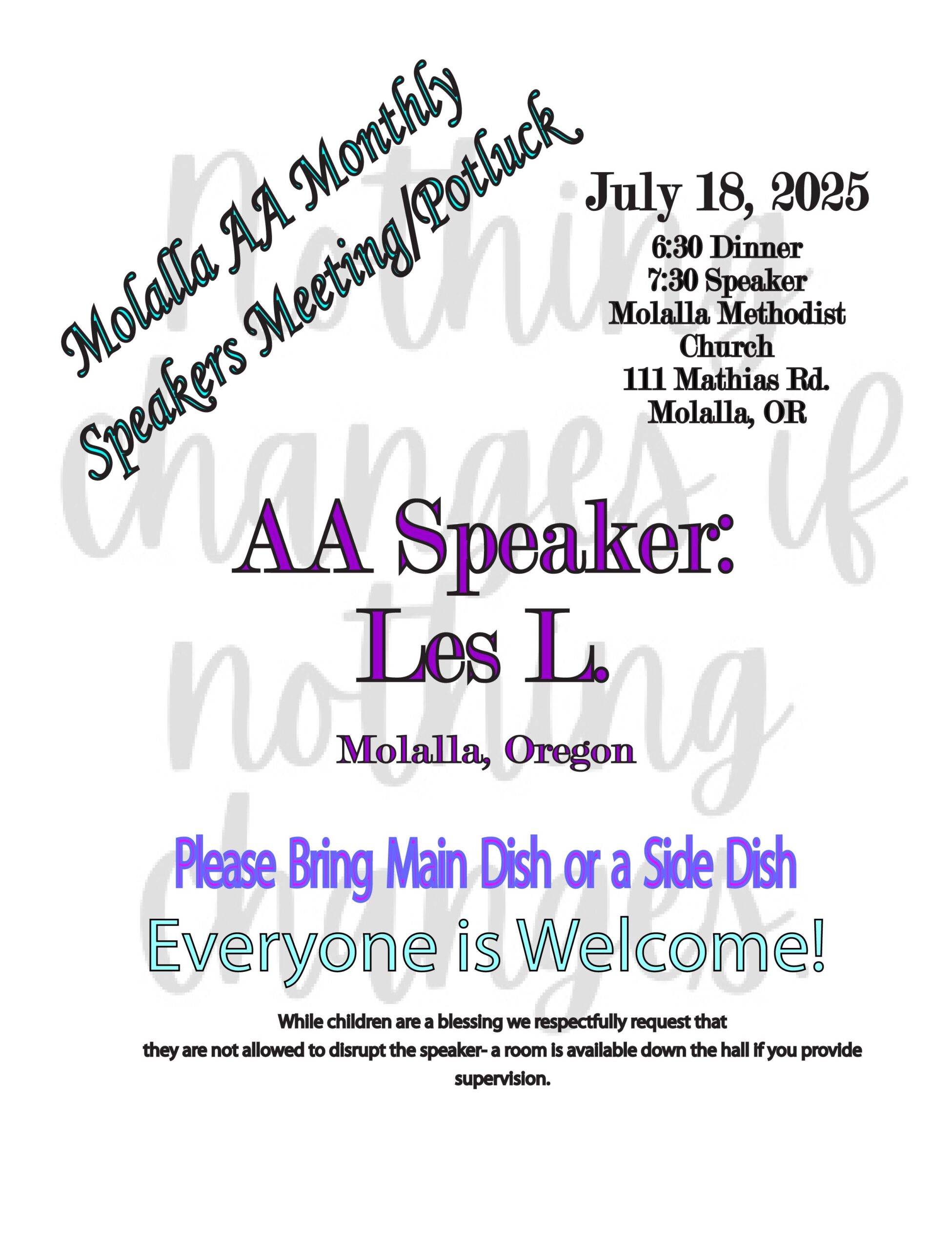 Molalla speaker and potluck meeting, July 2025 Flyer for Molalla speaker and potluck meeting, July 2025