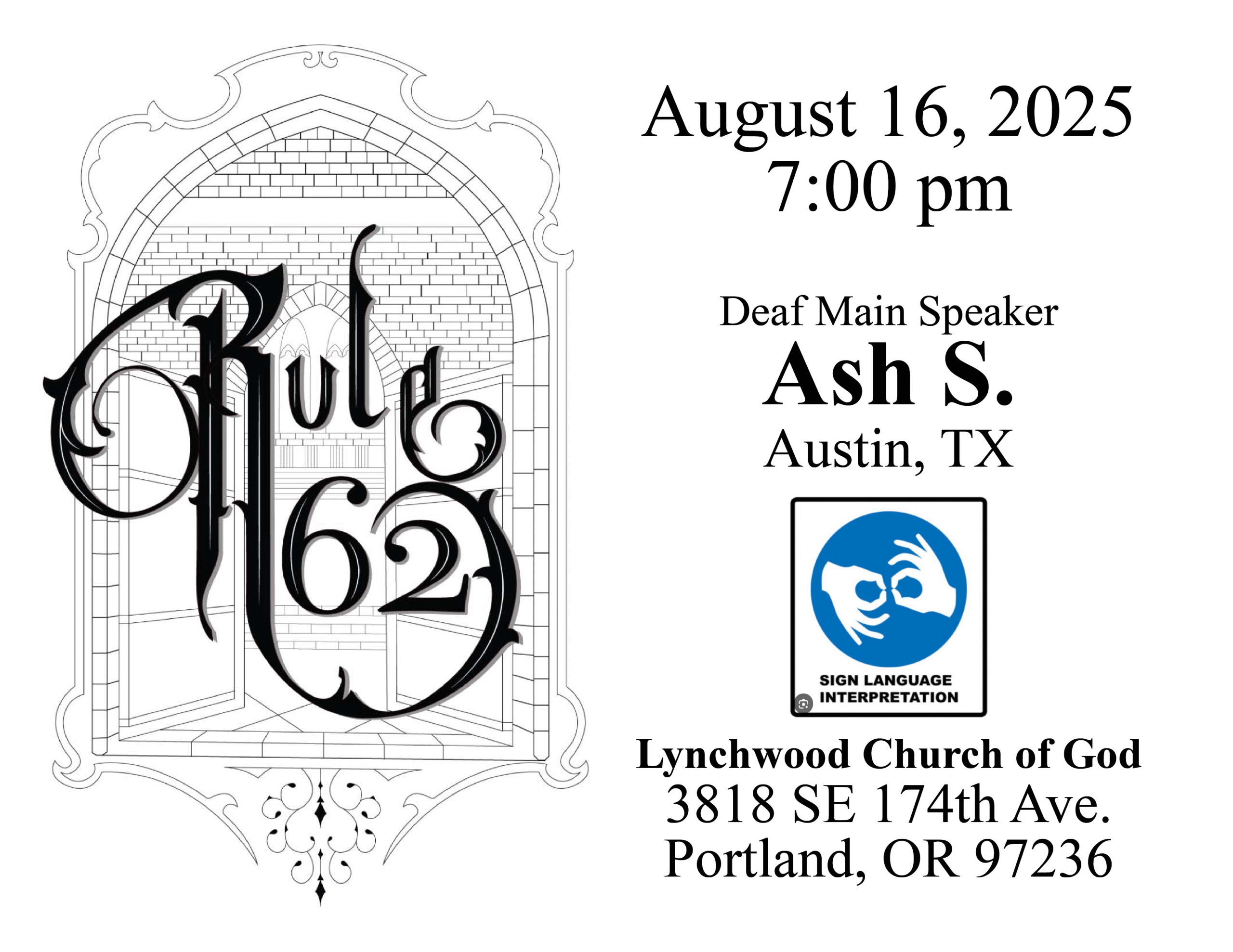 Rule 62-August 2025 Rule 62 Speaker Meeting flyer for August 2025