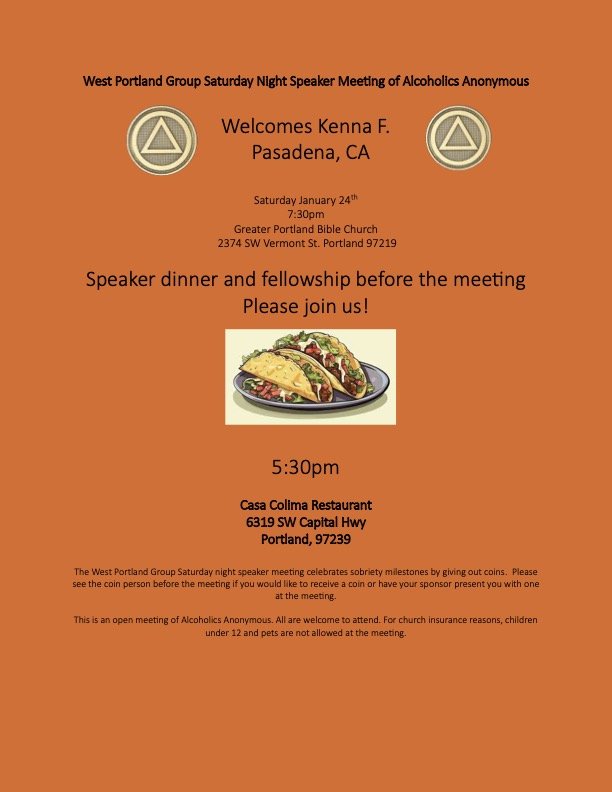 Kenna flyer 1-24 West Portland Group Speaker Meeting flyer