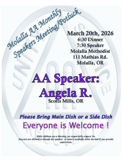 speakersmeeting03202026 Molalla AA Monthly Speaker Meeting flyer