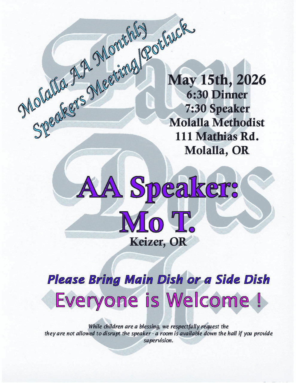 Molalla May 2026 flyer Molalla Speaker & Potluck May 2026 flyer