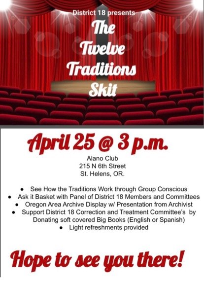 Traditons Play flyer Flyer for Traditions skit at St. Helens Alano Club