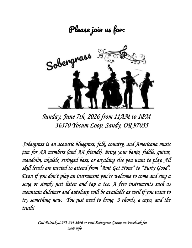 Sobergrass Flyer 07JUN2026 Flyer for Sobergrass jam in Sandy