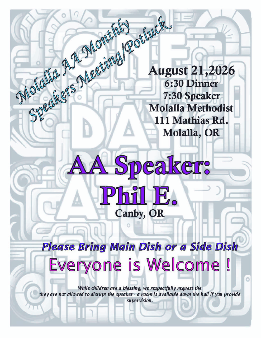 Mollala-August 2026 Mollala monthly speaker meeting flyer